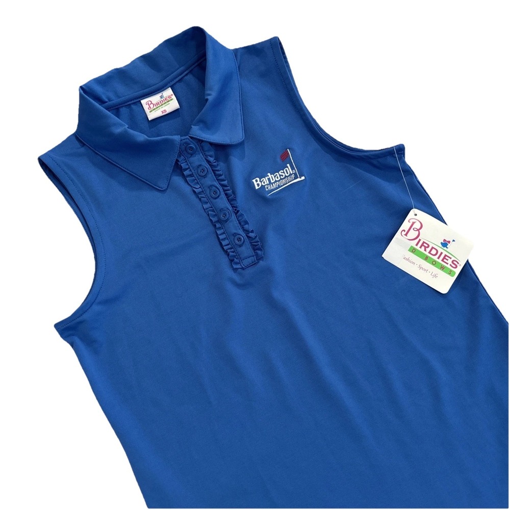 NWT Birdies & Bows XS Blue BARBASOL CHAMPIONSHIP "High Golf" Polo Ruffled Womens